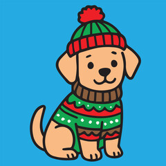 A vector artwork depicting a cute dog wearing Christmas themed outfit, presented in colorful style, bright holiday tones with playful cartoon atmosphere.