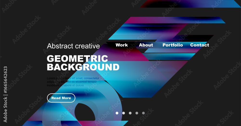 Poster website mockup displays abstract geometric design. navigation includes work, about, portfolio, conta