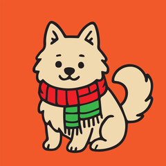 A vector cartoon featuring a dog dressed in Christmas outfit, created in kawaii style, vibrant colorful tones with holiday lights and ornaments.