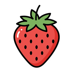 Fototapeta premium Single cartoon strawberry illustration with green leaves and seeds on white backdrop. Concept for children's book, food product packaging and summer festival designs