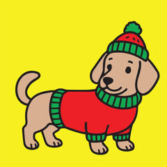 Vector art showing a cute dog wearing Christmas themed clothes, designed in festive colorful composition, playful joyful accents and bright decorative elements.