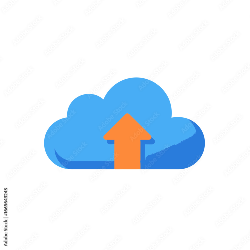 Poster simple cloud graphic with upward orange arrow on a white backdrop, representing digital transfer. co