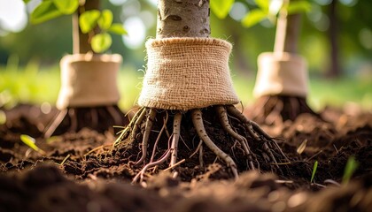 Close-Up of Tree Roots Wrapped in Burlap Before Planting