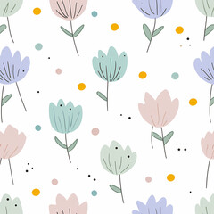 Charming flat vector artwork showing a playful spring bloom pattern with pastel tones on clean white backdrop designed in a minimal cute style with simple childlike line drawing stock illustration
