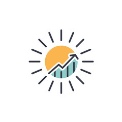 Stylized sun with upward-trending bar graph showing financial growth and optimism, concept for economic forecast, business development and positive trend analysis
