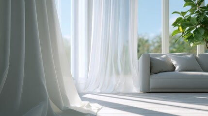 Sheer white curtains softly flowing in a bright modern living room with sunlight streaming through large windows