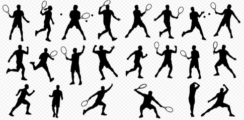 A collection of black silhouettes depicting male tennis players in various dynamic poses, holding rackets and hitting tennis balls.