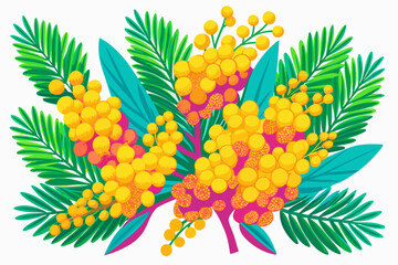 Yellow Mimosa Flower Branch Isolated on White Background – Acacia Dealbata Blossom Illustration