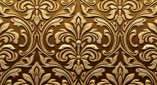 Fototapeta Ornate Golden Floral Damask Pattern with Embossed Texture.