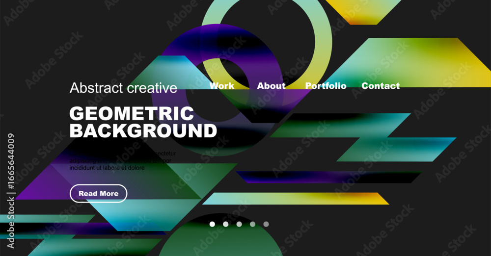 Poster abstract design features vibrant shapes, text overlays, dark background. website header includes nav