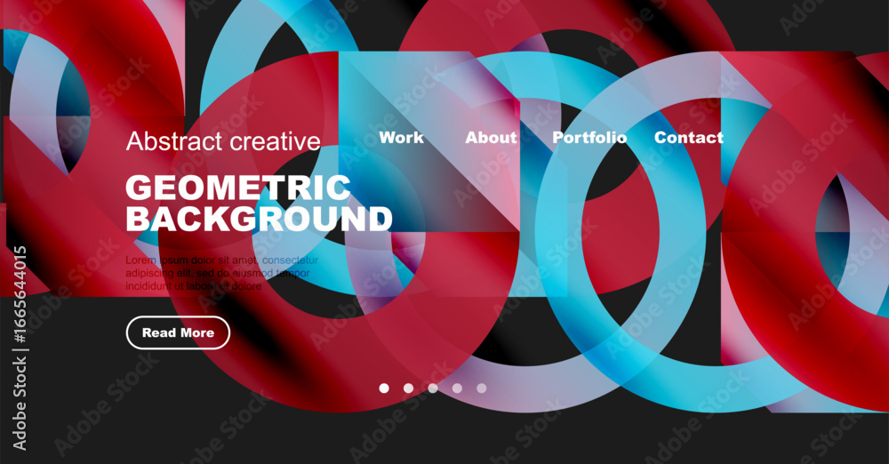 Poster abstract geometric background with vibrant red, blue hues. website header includes navigation option