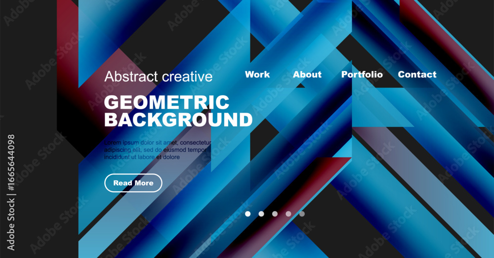 Poster abstract geometric background design. website header features text, navigation, button. blue, purple