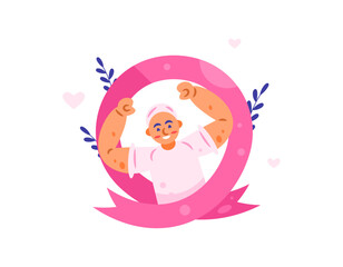 A concept for Breast Cancer Awareness. Support and sympathy for cancer patients. Illustration of a woman passionately fighting cancer and a pink ribbon. World Cancer Day. Flat design style.