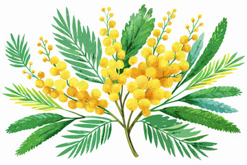 Yellow Mimosa Flower Branch Isolated on White Background – Acacia Dealbata Blossom Illustration