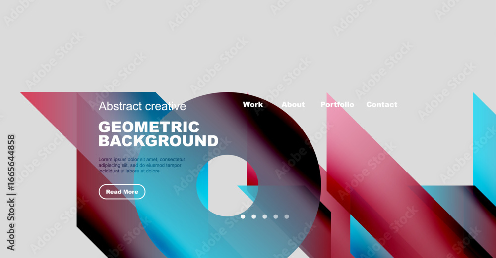 Poster website mockup displays abstract geometric background. navigation includes work, about, portfolio, c