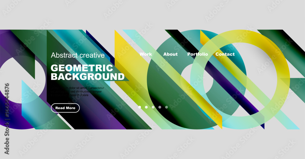 Poster vibrant abstract design features geometric shapes, gradients. website header includes navigation opt