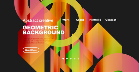 Vibrant geometric shapes overlap, creating colorful background. Text promotes work, portfolio, contact options. Button invites further reading.
