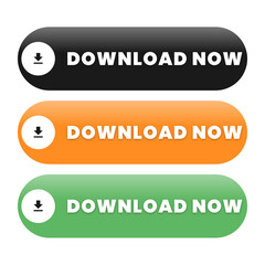 Download Now Buttons in Black, Orange, and Green for Websites and Apps with Download Icon, Modern Design Element for Digital Media