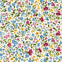 Delicate vintage inspired fabric texture featuring tiny wildflower pattern in soft pastel tones on white background with green leaves and colorful blossoms in artistic decorative style stock illustrat