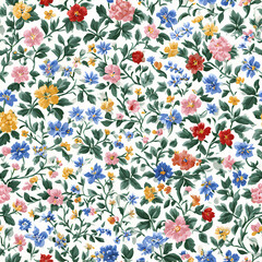 Delicate vintage inspired fabric texture featuring tiny wildflower pattern in soft pastel tones on white background with green leaves and colorful blossoms in artistic decorative style stock illustrat