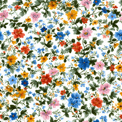 Delicate vintage inspired fabric texture featuring tiny wildflower pattern in soft pastel tones on white background with green leaves and colorful blossoms in artistic decorative style stock illustrat