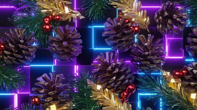 Neon grid with pine cones and red ornaments