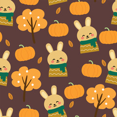 Seamless pattern cartoon cute bunny and pumpkin with autumn vibes. cute autumn fall wallpaper for fabric print, gift wrapper