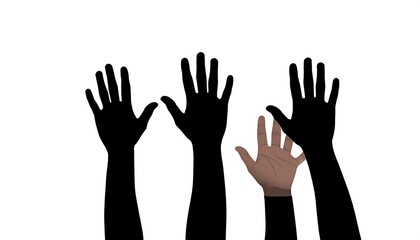 Obraz premium Silhouettes of outstretched hands reaching upward against a plain background, conveying a sense of participation and engagement.
