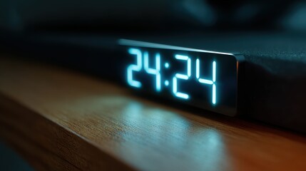 Digital clock display glowing in dark room, modern minimalist style, blue LED numbers