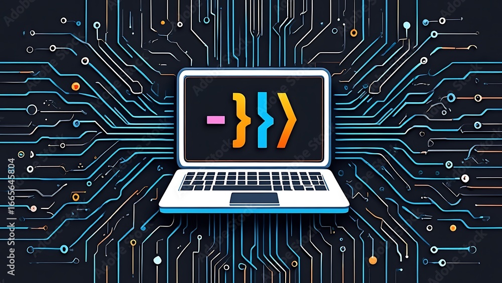 Poster laptop showing code on a circuit board background
