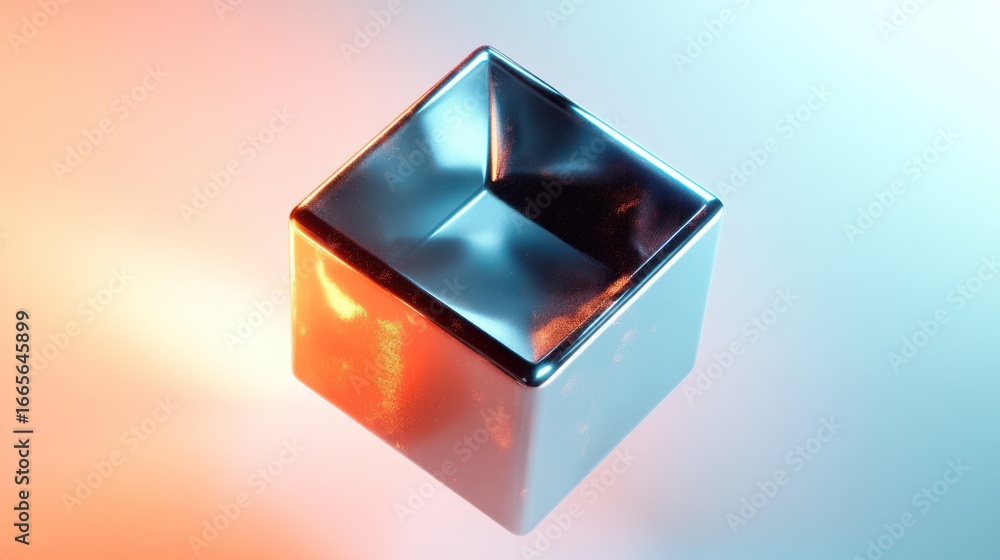 Poster abstract metallic cube in vibrant light; digital art; creative design; product rendering; trendy bac