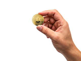 Human hand holding golden bitcoin coin against white background representing digital money technology finance modern future