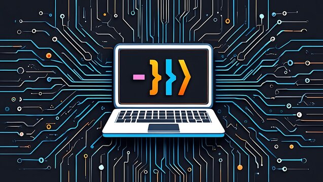 Laptop showing code on a circuit board background