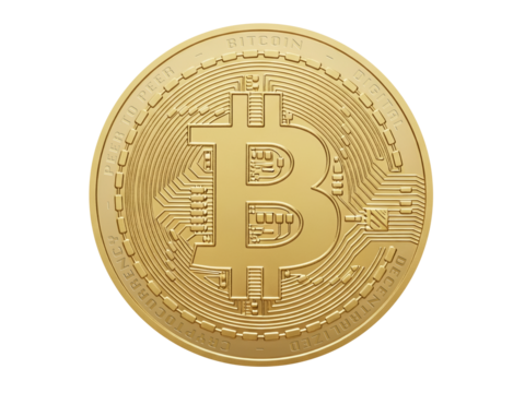Golden bitcoin coin isolated on white background, symbolizing digital currency, blockchain technology, modern finance, decentralized money, cryptocurrency, innovation, futuristic wealth