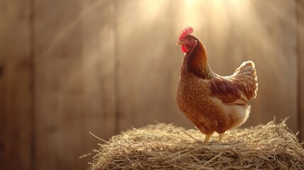 Fototapeta premium Chicken in Hay Bale, Sunny Barn Interior, Farm Scene, Still Life