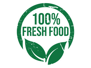Green 100 percent fresh food stamp icon with leaves and circular border design transparent background