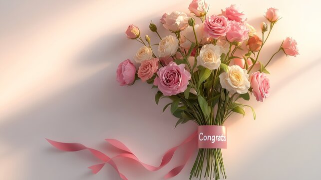Bouquet of roses tied with ribbon, congratulations message, soft light