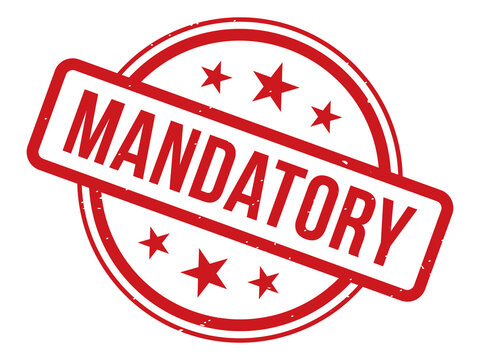 Red stamp with the word mandatory inside a circular border with stars symbolizing approval or requirement transparent background