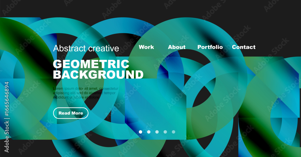 Poster vibrant abstract geometric background features flowing shapes, text, navigation menu, plus read more
