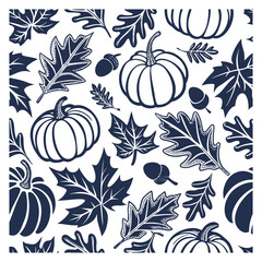 Autumn Harvest Seamless Pattern with Pumpkins, Leaves, and Acorns