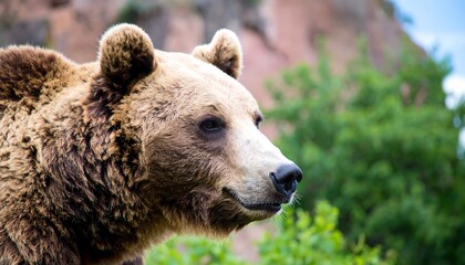 Close-up profile view of a brown bear, displaying its textured fur and attentive gaze, set against a backdrop of out-of-focus greenery and reddish-toned rock formations.