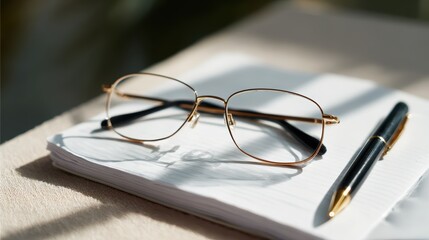 Eyeglasses on top of a notebook with pen, sunlight casting shadows, study or work mood