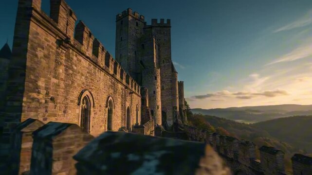 A medieval castle with towers and stone walls stands against a sunset sky overlooking a forested landscape