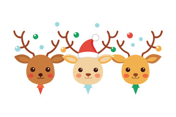 Fototapeta premium Adorable cartoon reindeer trio celebrates Christmas joy with festive decorations and cheerful smiles