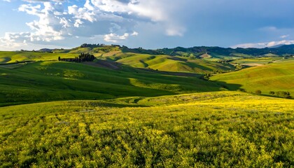 Lush green hills and vibrant yellow wildflowers blanket a picturesque countryside landscape under a partly cloudy sky.