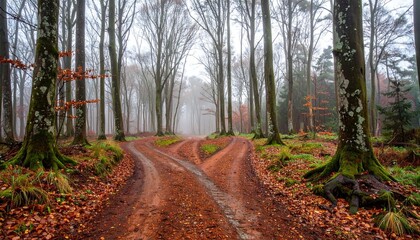 Misty forest path splitting into two under leafless trees, carpeted with fallen leaves—symbolizing solitude, transition, and the quiet tension of choice in a late autumn woodland.