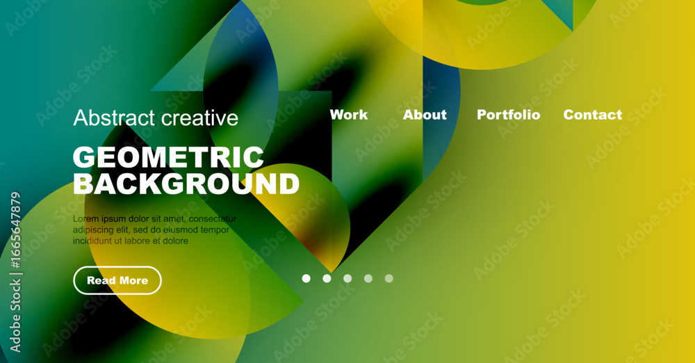 Poster abstract design features vibrant overlapping shapes. text elements include title, description, navig