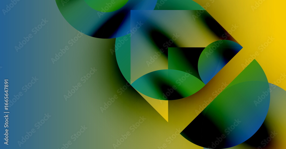 Poster abstract composition featuring overlapping geometric shapes. colors blend, creating dynamic visual e