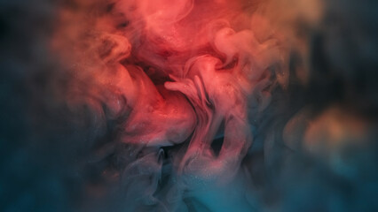 Paint flow. Fume water. Defocused pink blue color sparkling liquid splash shimmer texture spreading on abstract dark black art background.