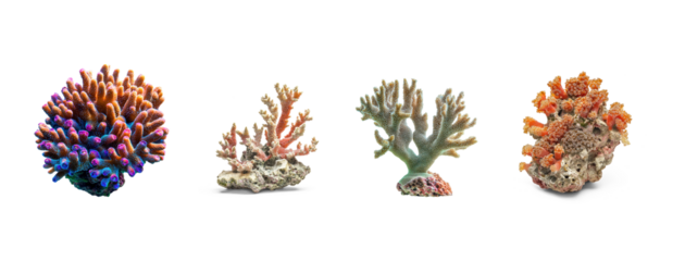 Collection of Coral interacting Forms symbiotic relationships with algae and other organisms. full length isolate on transparent background